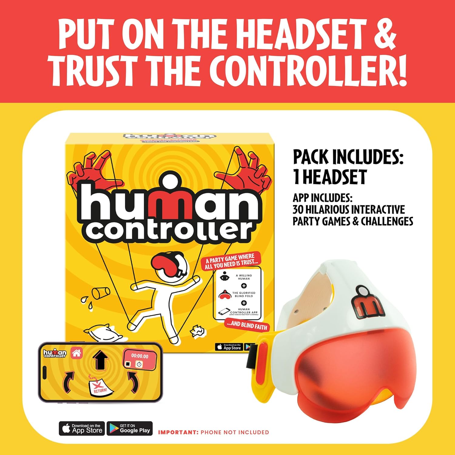 TOMY Human Controller Game – Interactive Blindfold Challenge with Vibrating Headset & Mobile App – Fun Party & Team Game for 2+ Players – 30+ Hilarious Tasks – iOS & Android Compatible – Ages 14+