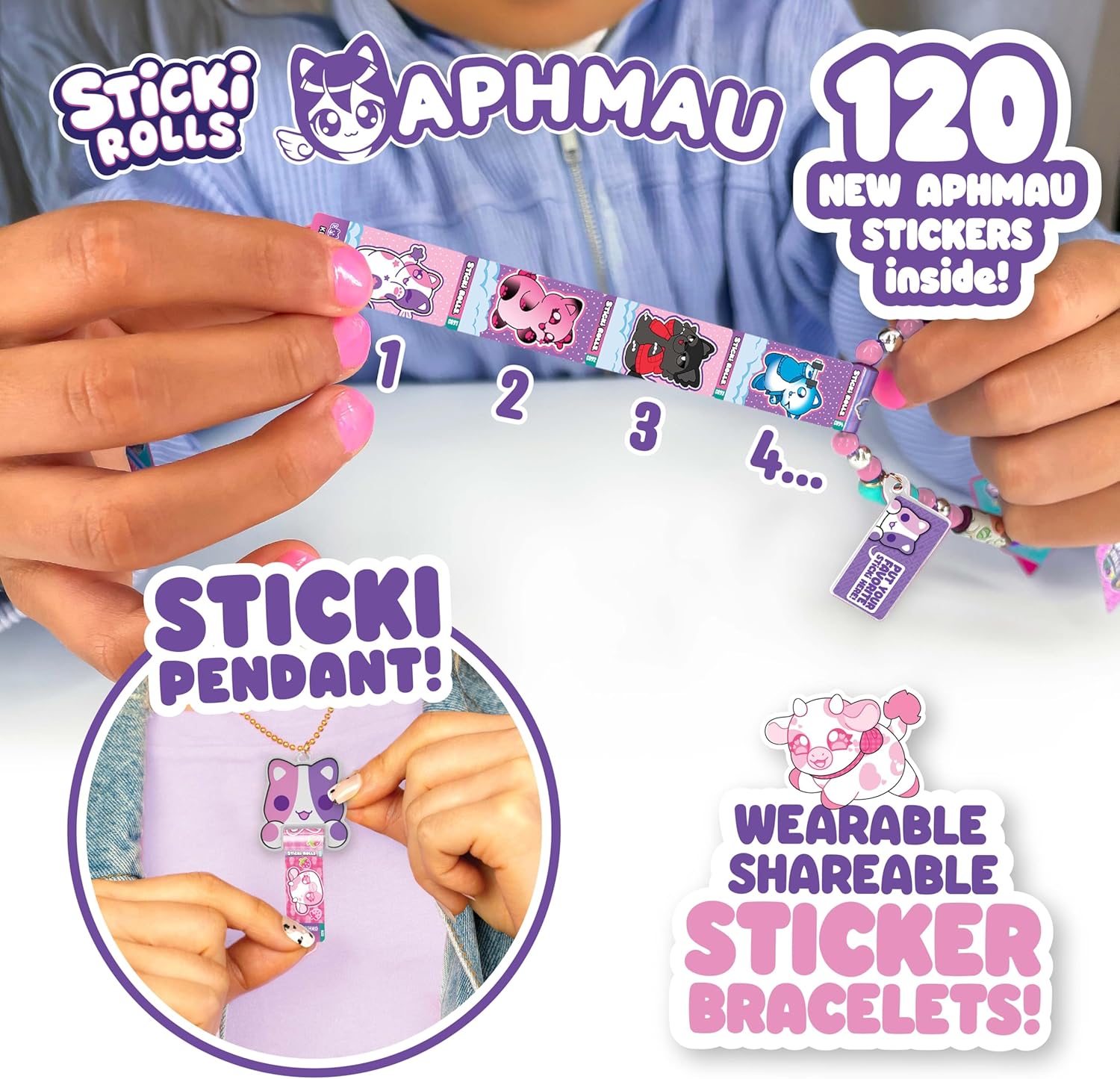 Sticki Rolls x Aphmau Pendant & Bracelet Set, Limited Edition, Includes 120 Stickers, Holographic Aphmau Pendant & Bracelet, Collectible Kawaii Fun!