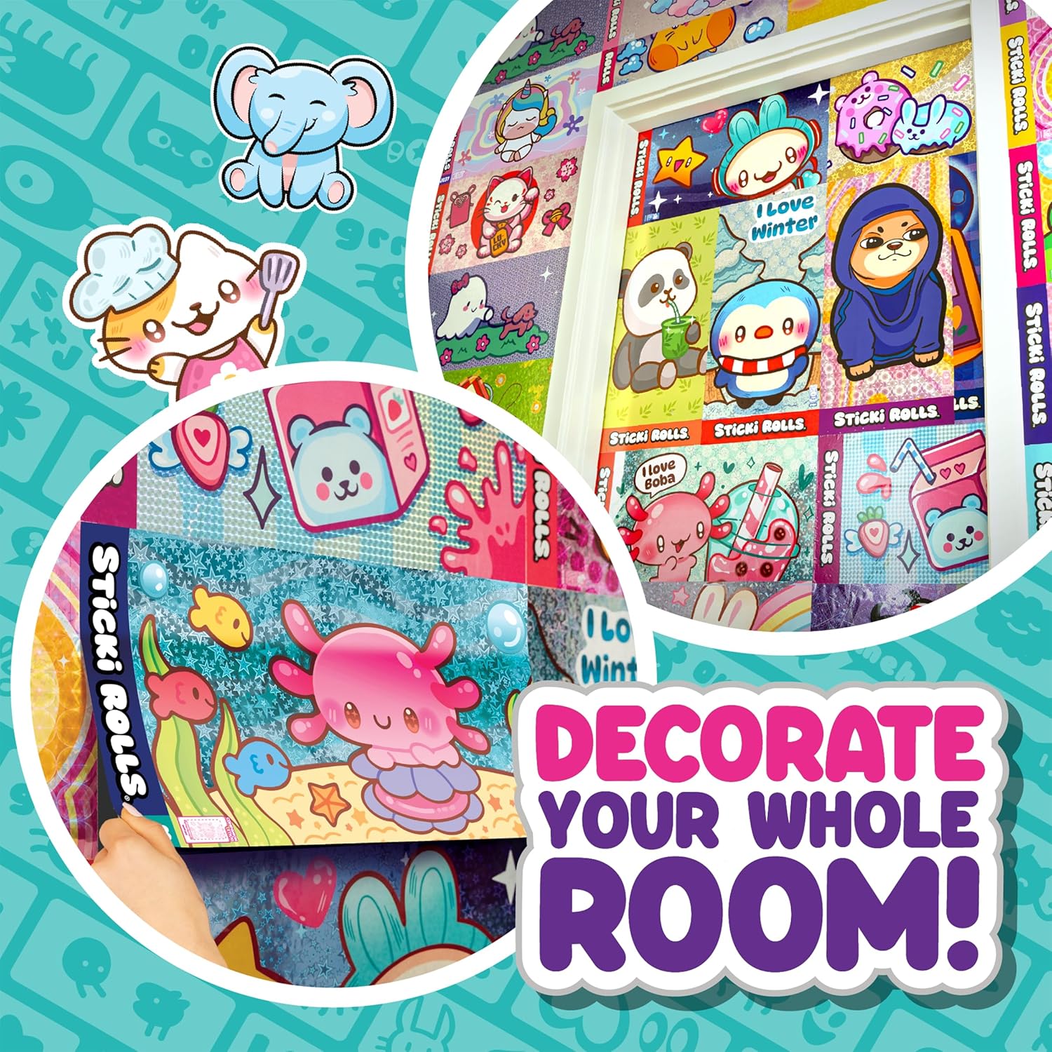 Sticki Rolls Jumbo Stickies, Giant Re-Stickable Foil Stickers, Unique Kawaii Designs, Collectible Wall Décor for Kids Ages 5+