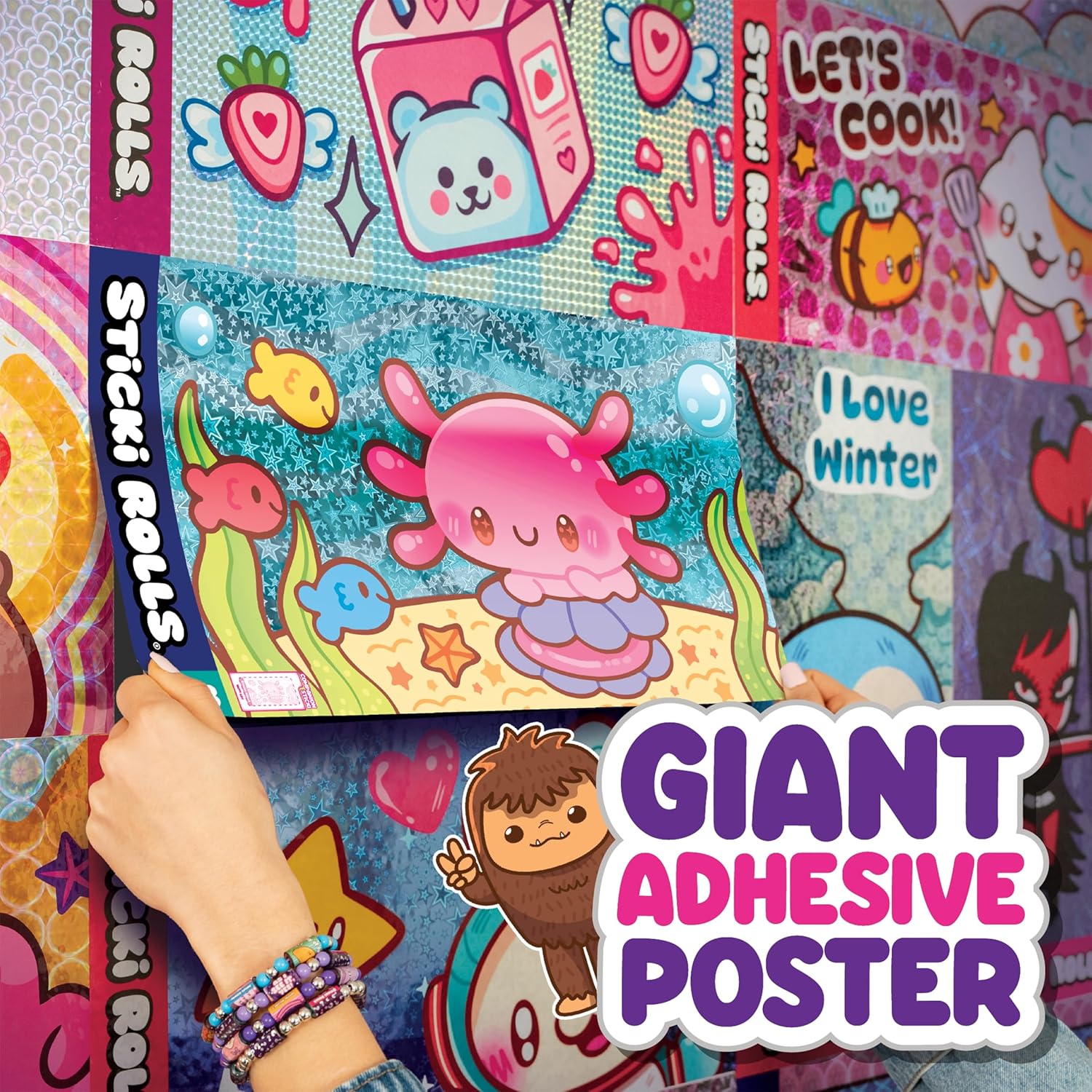 Sticki Rolls Jumbo Stickies, Giant Re-Stickable Foil Stickers, Unique Kawaii Designs, Collectible Wall Décor for Kids Ages 5+