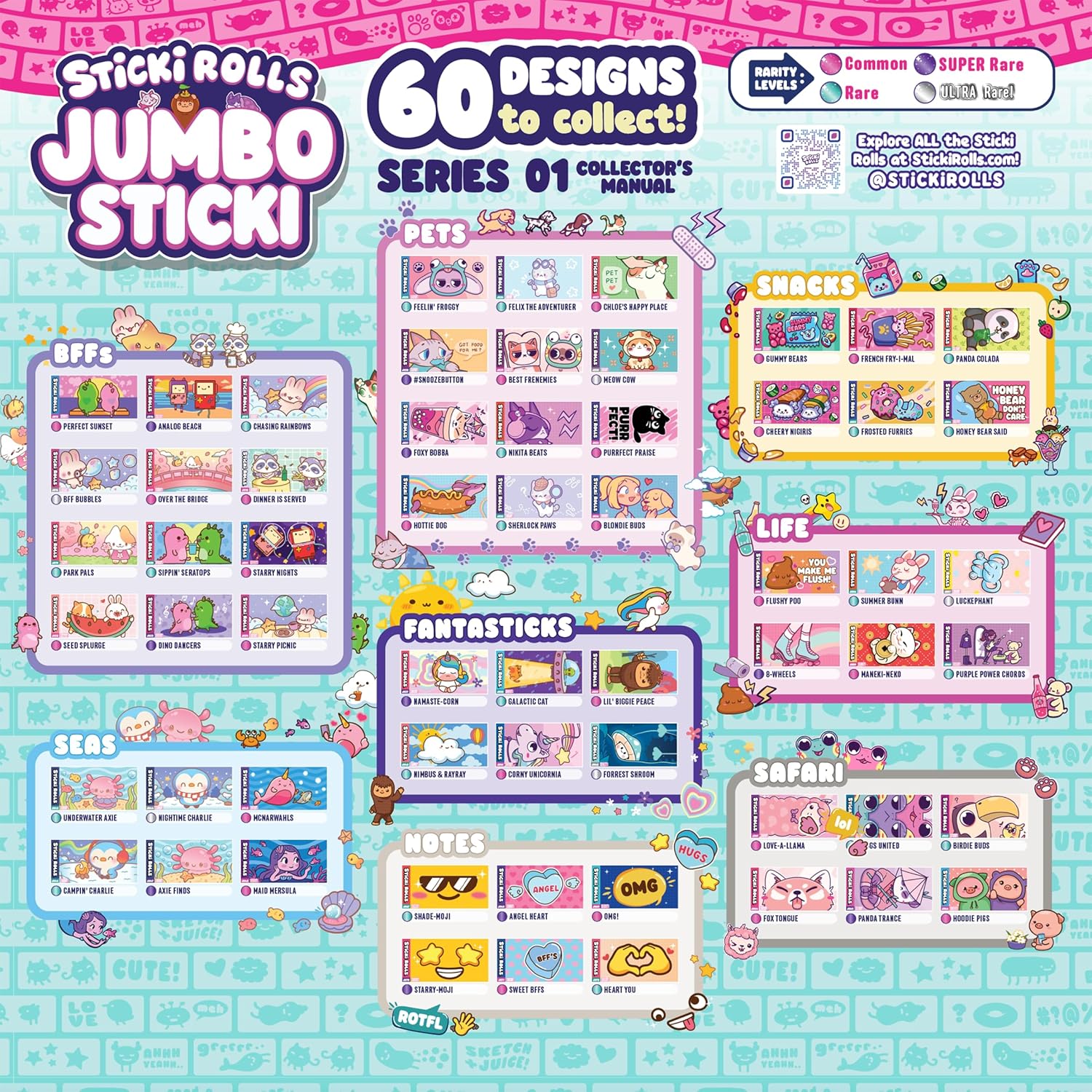 Sticki Rolls Jumbo Stickies, Giant Re-Stickable Foil Stickers, Unique Kawaii Designs, Collectible Wall Décor for Kids Ages 5+