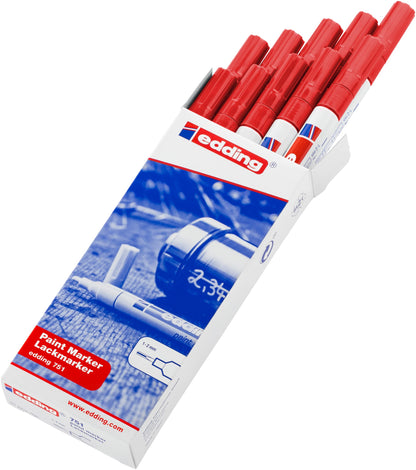 edding 751 paint marker - red - 10 pens - round tip 1-2 mm - paint marker for marking and labelling metal, glass, rocks or plastic - heat-resistant, permanent, smudge-proof and waterproof