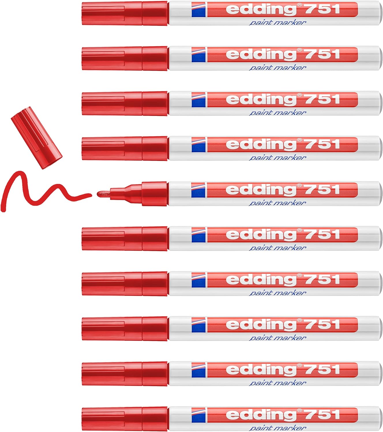 edding 751 paint marker - red - 10 pens - round tip 1-2 mm - paint marker for marking and labelling metal, glass, rocks or plastic - heat-resistant, permanent, smudge-proof and waterproof