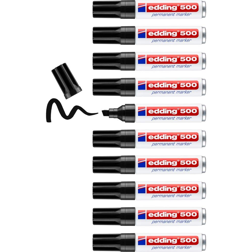 edding 500 permanent marker - black - 10 pens - chisel tip 2-7 mm - waterproof, quick-drying, smear-proof pens - for cardboard, plastic, wood, metal, glass and fabric