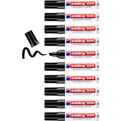 edding 500 permanent marker - black - 10 pens - chisel tip 2-7 mm - waterproof, quick-drying, smear-proof pens - for cardboard, plastic, wood, metal, glass and fabric
