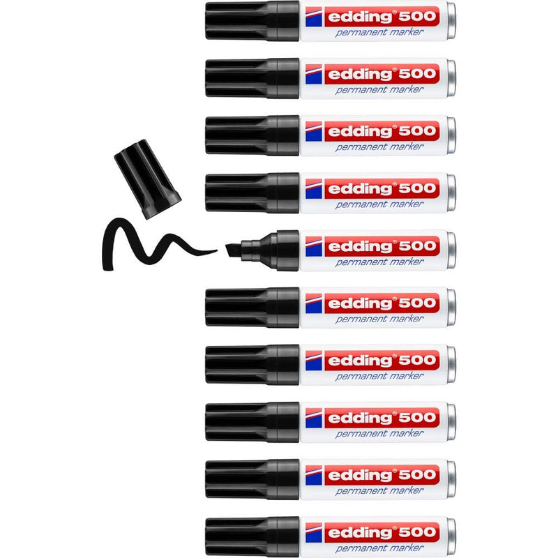 edding 500 permanent marker - black - 10 pens - chisel tip 2-7 mm - waterproof, quick-drying, smear-proof pens - for cardboard, plastic, wood, metal, glass and fabric