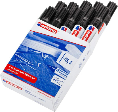 edding 500 permanent marker - black - 10 pens - chisel tip 2-7 mm - waterproof, quick-drying, smear-proof pens - for cardboard, plastic, wood, metal, glass and fabric