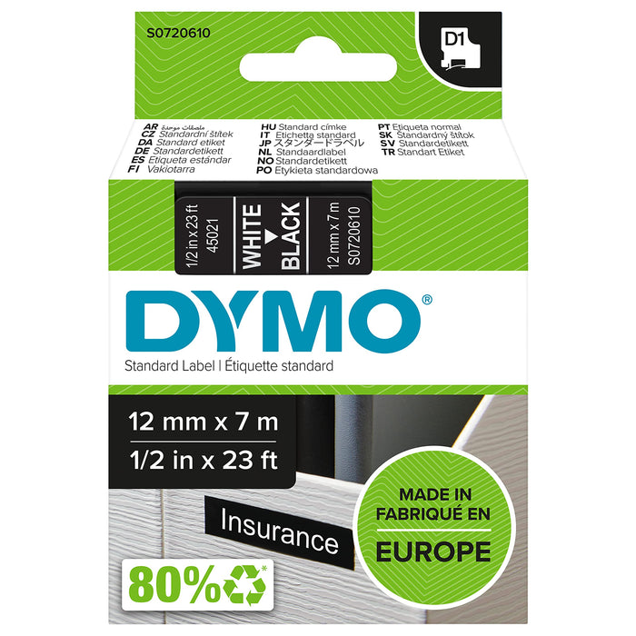 DYMO Authentic D1 Labels, White Print on Black Tape, 12 mm x 7 m, Self-Adhesive Labels for LabelManager Label Makers, Made in Europe