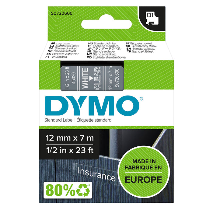 DYMO Authentic D1 Labels | White Print on Clear Tape | 12 mm x 7 m | Self-Adhesive Labels for LabelManager Label Makers | Made in Europe