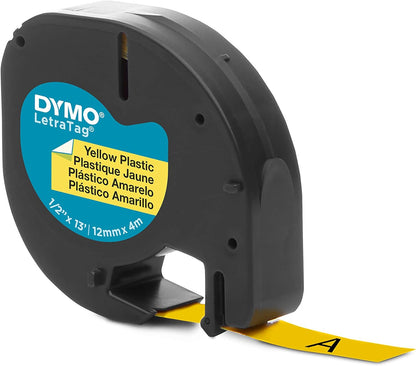 DYMO LetraTag Plastic Labels | Authentic | 12 mm x 4 m Roll | Black Print on Yellow | for LetraTag Label Makers