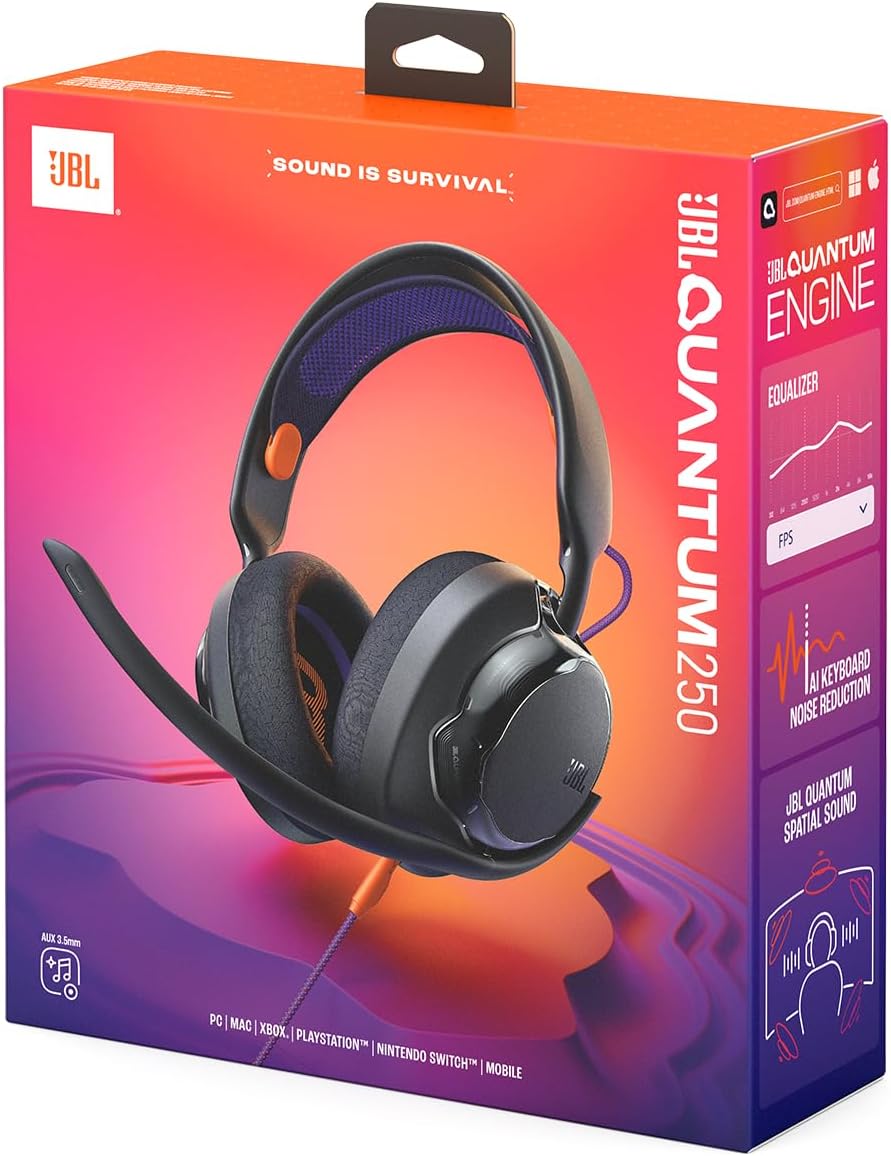 JBL Quantum 250 Wired Over-Ear Gaming Headset, JBL Quantum Spatial Sound, Noise Cancelling Mic, 3.5 mm Cable, Replaceable Parts, Compatible with Apple/PC/Xbox/PlayStation/Nintendo Switch