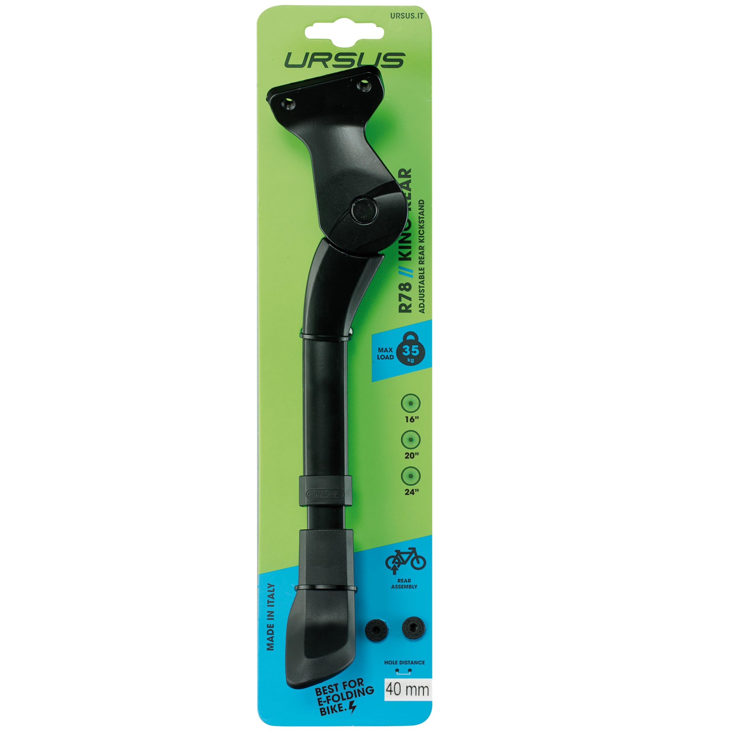 Ursus King Mini Rear 40mm Kickstand, Black, 16" / 20" / 24"