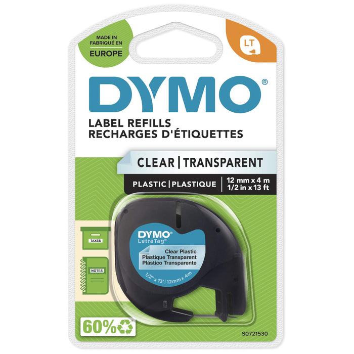 DYMO LetraTag Plastic Labels Black Print on Clear Labels 12 mm x 4 m Roll Authentic Self-Adhesive Multipurpose Labels for LetraTag Label Makers