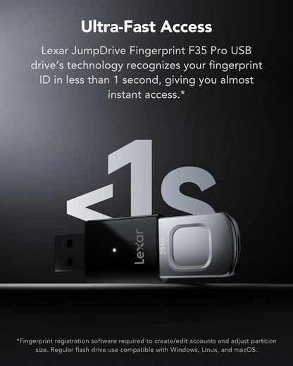 Lexar 256GB JumpDrive Fingerprint F35 PRO USB 3.2 Gen 1 Flash Drive, Up to 400/350 MB/s Read/Write, Storage Expansion and Backup, 256-bit AES & Fingerprint Encryption, Black (LJDF35P256G-RNBNG)