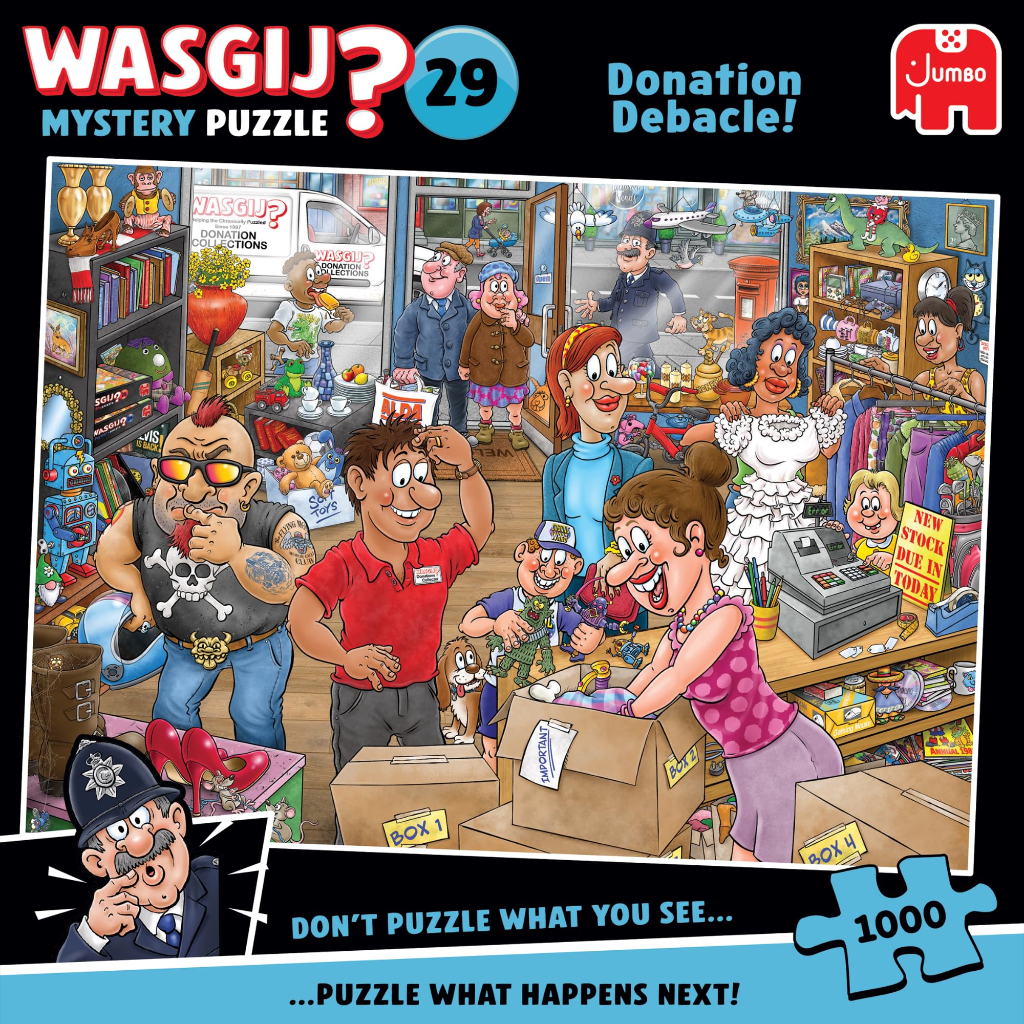 Wasgij Mystery 29, Donation Debacle - Unique 1000 Piece Jigsaw Puzzle for Adults - Colourful, Puzzling, Challenging & Brainteasing Adult Jigsaws - 100% Recycled Cardboard 1000Pc Puzzles - Jumbo