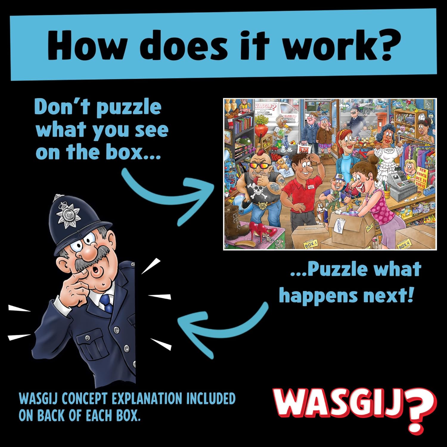 Wasgij Mystery 29, Donation Debacle - Unique 1000 Piece Jigsaw Puzzle for Adults - Colourful, Puzzling, Challenging & Brainteasing Adult Jigsaws - 100% Recycled Cardboard 1000Pc Puzzles - Jumbo
