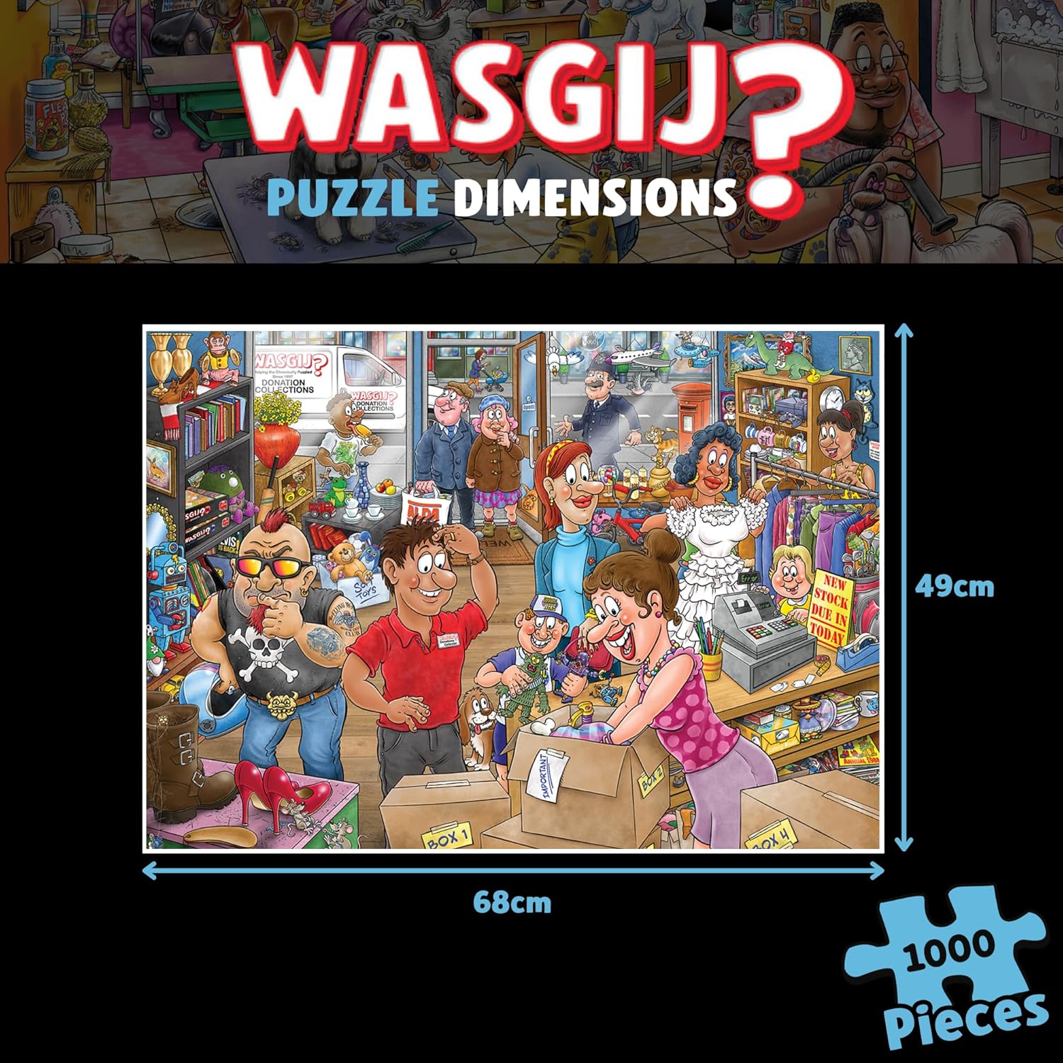 Wasgij Mystery 29, Donation Debacle - Unique 1000 Piece Jigsaw Puzzle for Adults - Colourful, Puzzling, Challenging & Brainteasing Adult Jigsaws - 100% Recycled Cardboard 1000Pc Puzzles - Jumbo