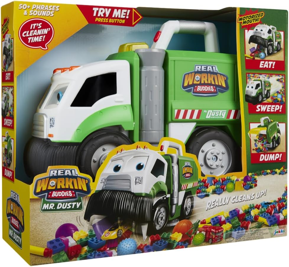 Jakks Pacific Real Workin' Buddies Mr Dusty, Gemotoriseerde Vuilniswagen die Echt Schoonmaakt, Raapt Kleine Speeltjes op