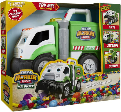 Jakks Pacific Real Workin' Buddies Mr Dusty, Gemotoriseerde Vuilniswagen die Echt Schoonmaakt, Raapt Kleine Speeltjes op