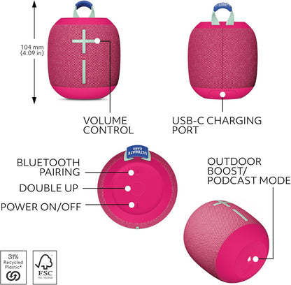 Ultimate Ears Wonderboom 4 Portable Waterproof Bluetooth Speaker With Big Bass and 360-Degree Sound, Dustproof Floating Speaker With 40 m (131ft) Range - Pink