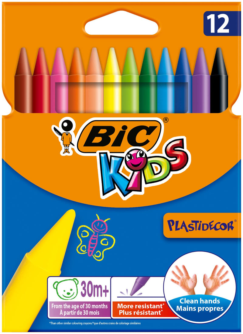 BIC Kids Plastidecor Craies de Coloriage - Couleurs Assorties, Etui Carton de 12