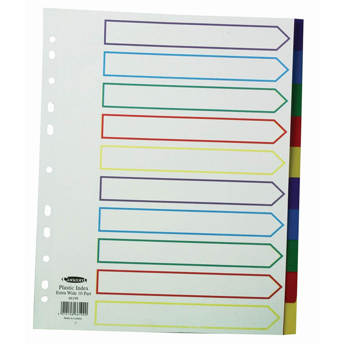 Concord Punched Pocket Dividers Plastic Multicolour-tabbed 10-Part Extra Wide A4 White Ref 66199