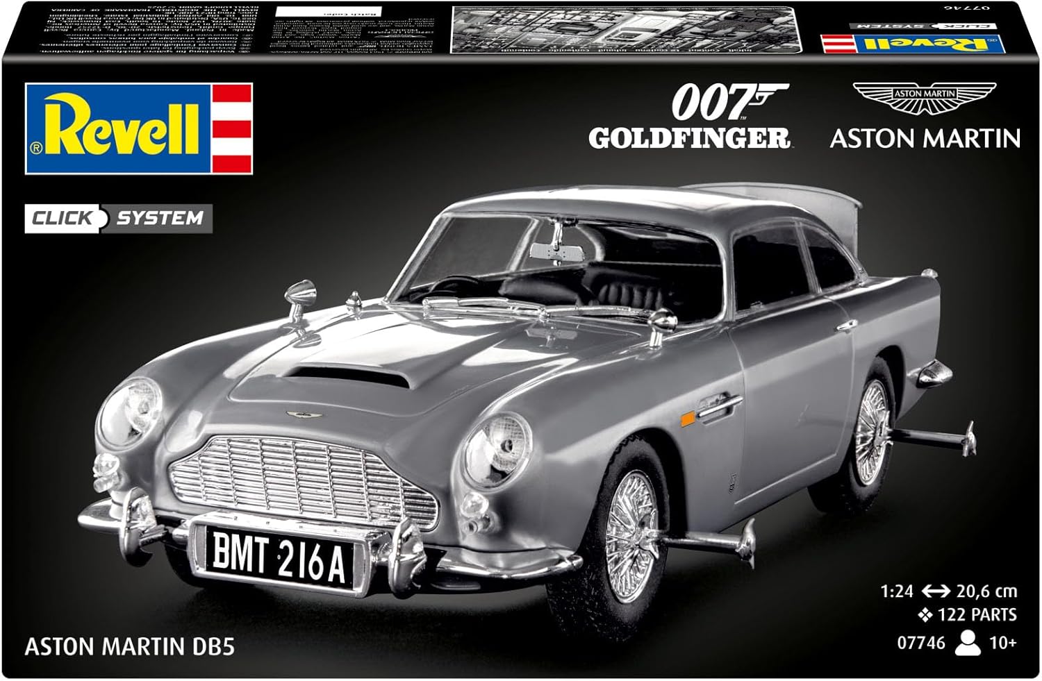 Revell 07746 James Bond Aston Martin DB5 (Click System) 1:24 Scale Unbuilt, Pre-Coloured, Click-Together (Non-Glue), Plastic Model Kit