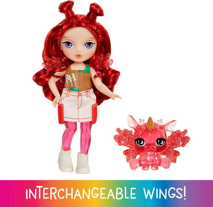 Rainbow High Littles Rainbow Fantasy Fairies & Pet - Apple, Red - 14cm Posable Small Doll & Fantasy Deer Pet with Interchangeable Fairy Wings, Cute Present for Children 4+