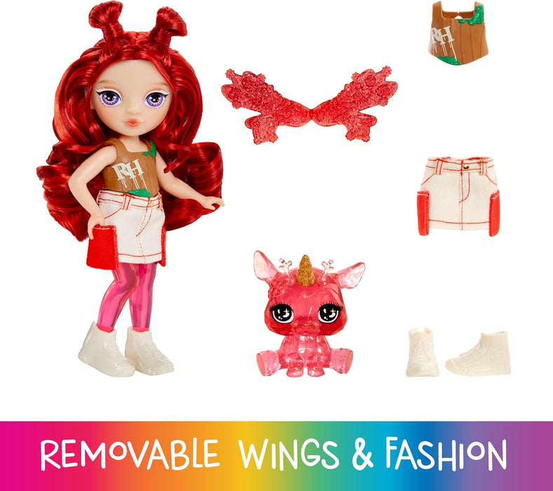 Rainbow High Littles Rainbow Fantasy Fairies & Pet - Apple, Red - 14cm Posable Small Doll & Fantasy Deer Pet with Interchangeable Fairy Wings, Cute Present for Children 4+