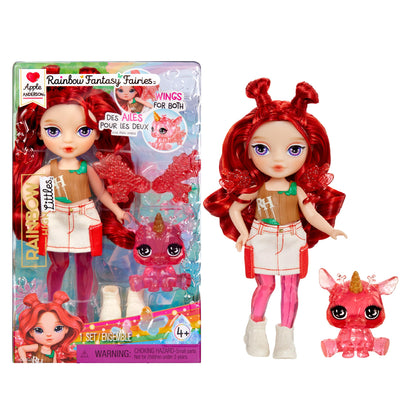 Rainbow High Littles Rainbow Fantasy Fairies & Pet - Apple, Red - 14cm Posable Small Doll & Fantasy Deer Pet with Interchangeable Fairy Wings, Cute Present for Children 4+