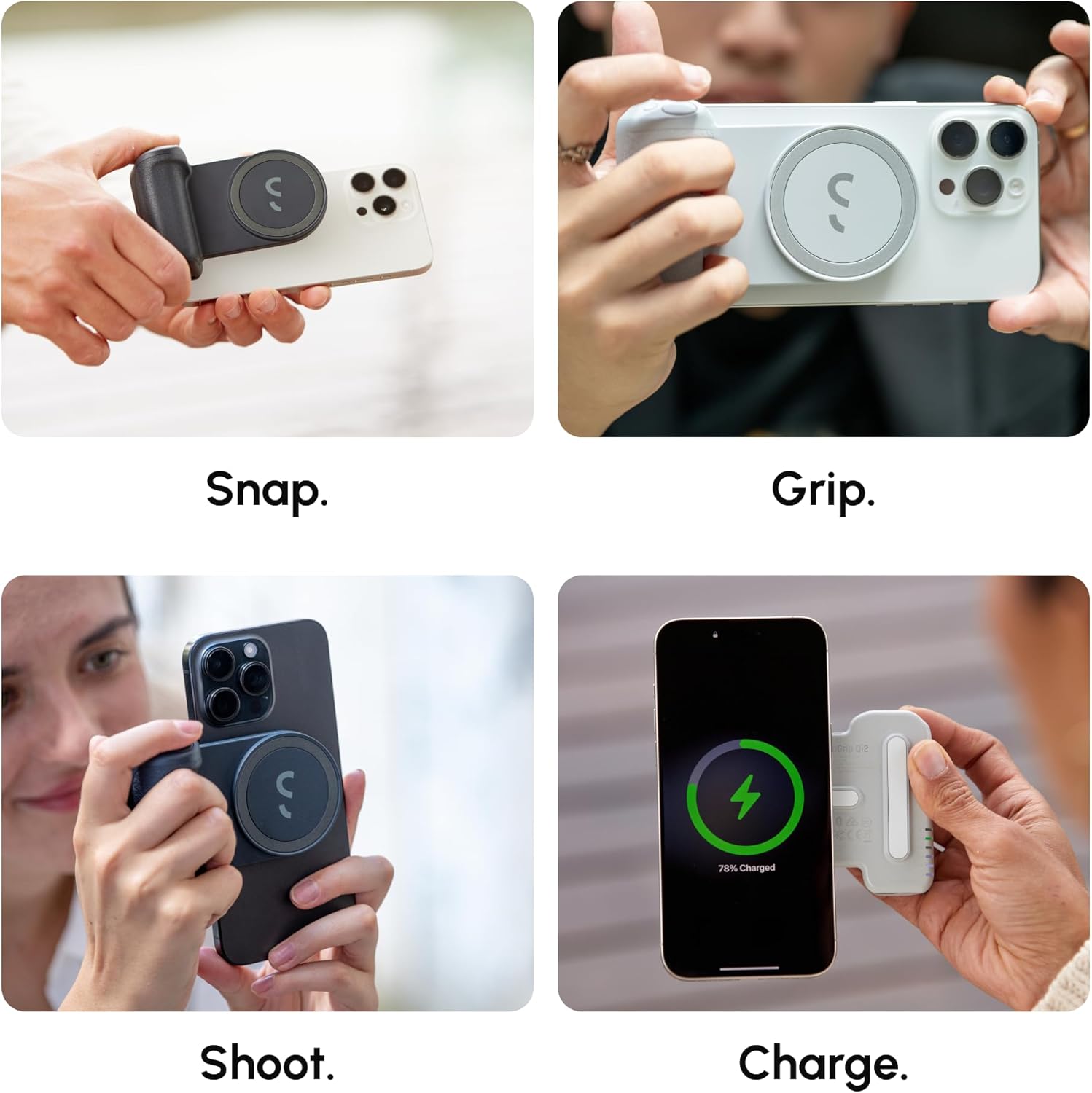 ShiftCam SnapGrip Pro - Mobile Battery Grip with Wireless Shutter Button - Magnetic Mount Snaps on to Any Phone - Built in Powerbank with Qi 2 Wireless Charging - Tabletop Dock (Midnight