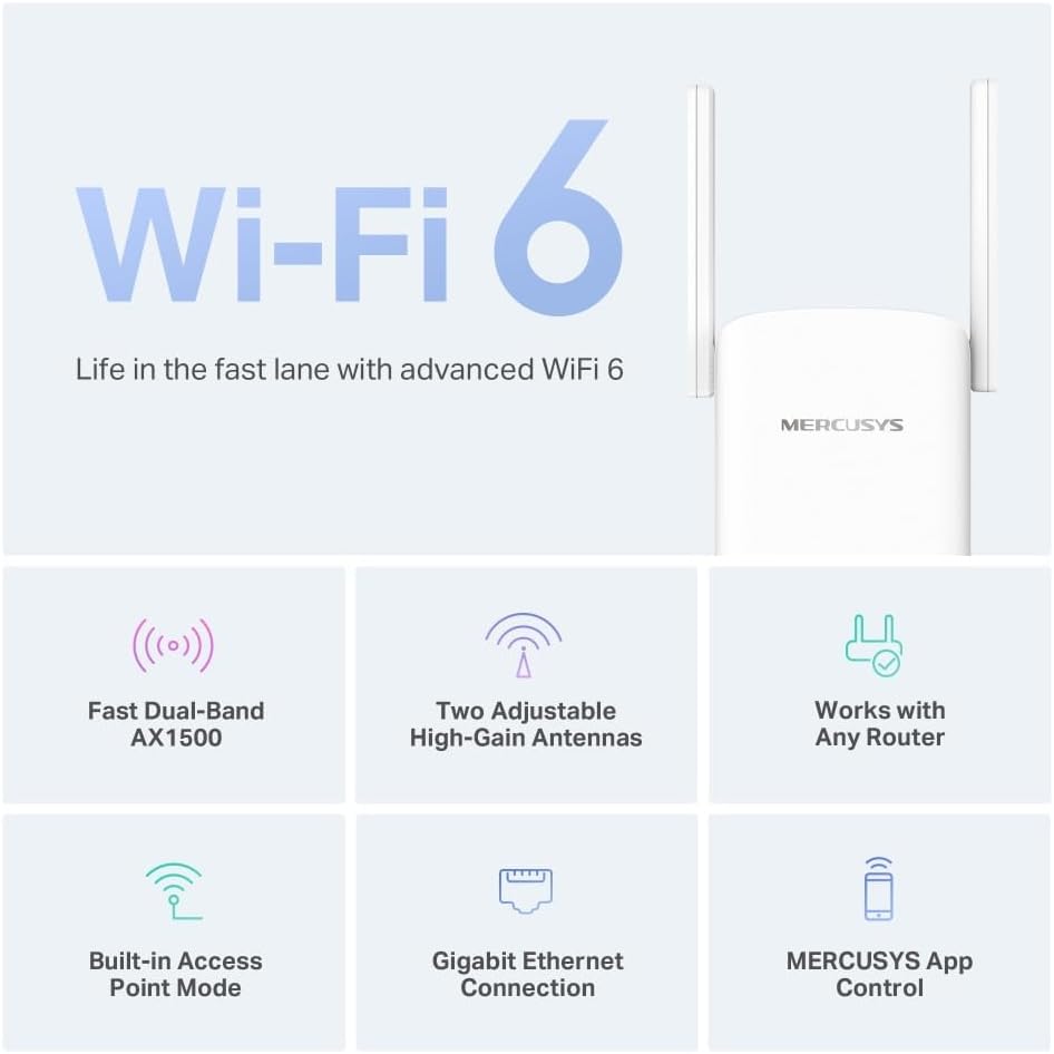 MERCUSYS ME60X WiFi 6 AX1500Mbps Extender and Internet Booster, Gigabit Ethernet Port, TP-Link WiFi Extender, WiFi Booster Range Extender, EasyMesh, Access Point, Repeater, Easy Setup, New Version
