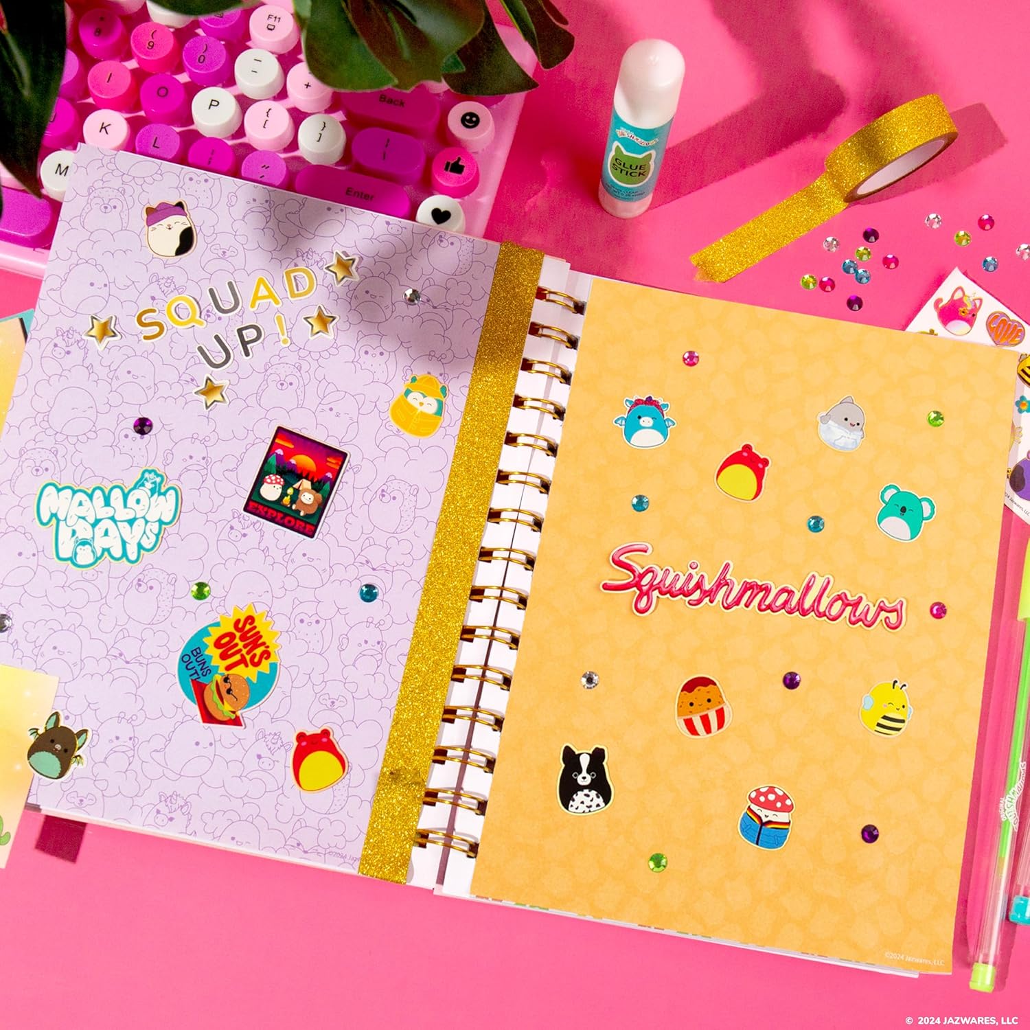 Squishmallows Original DIY Journaling Set, Journaling Kit with Gel Pens, Stickers, Sticky Notes, and Gems, Scrapbook for Kids, Cute Stationary Set, Notebook for Girls, Diary for Girls Ages 8-12
