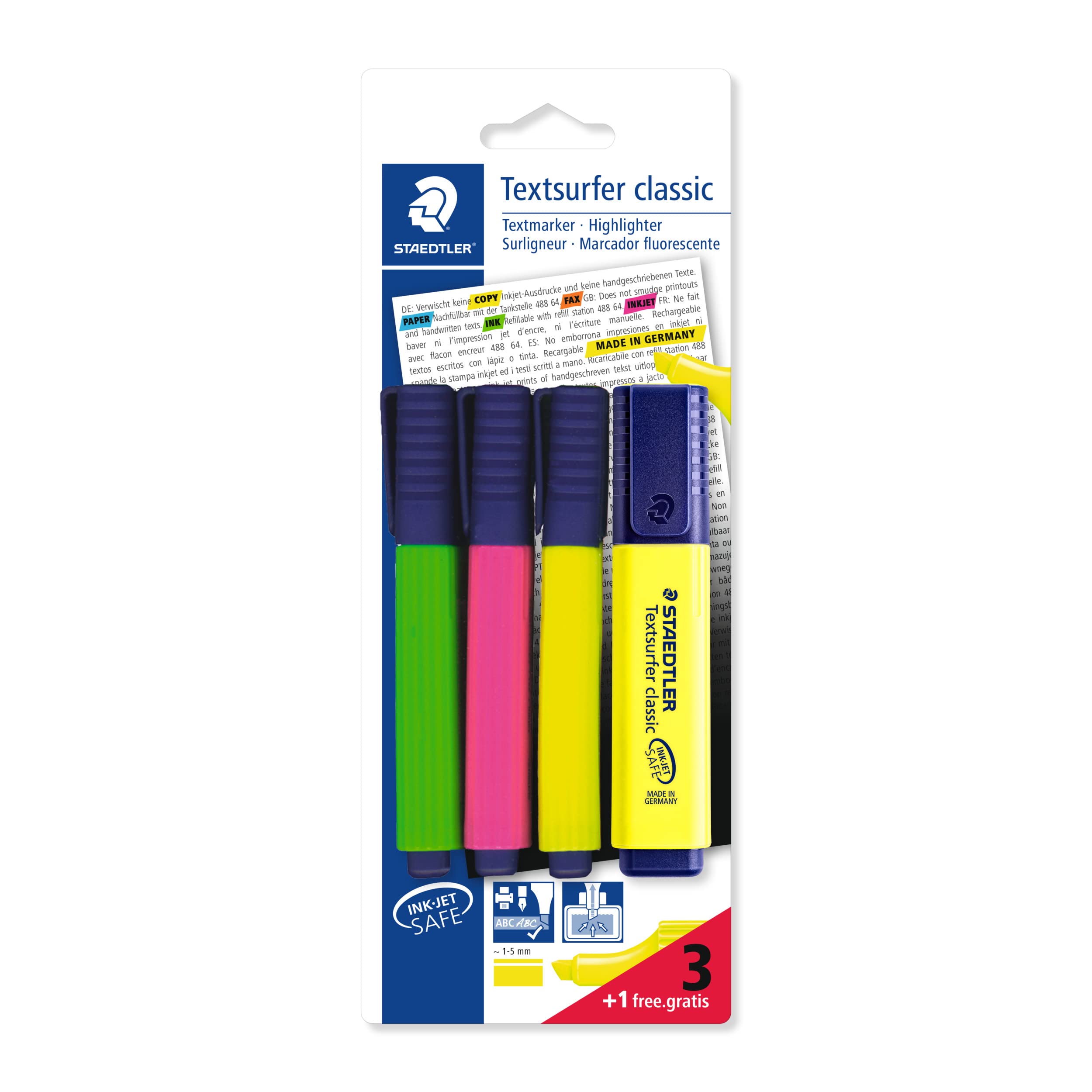 STAEDTLER 364 A BK4D Textsurfer Classic Highlighter Bonus Pack - Assorted Colours (Pack of 3+1