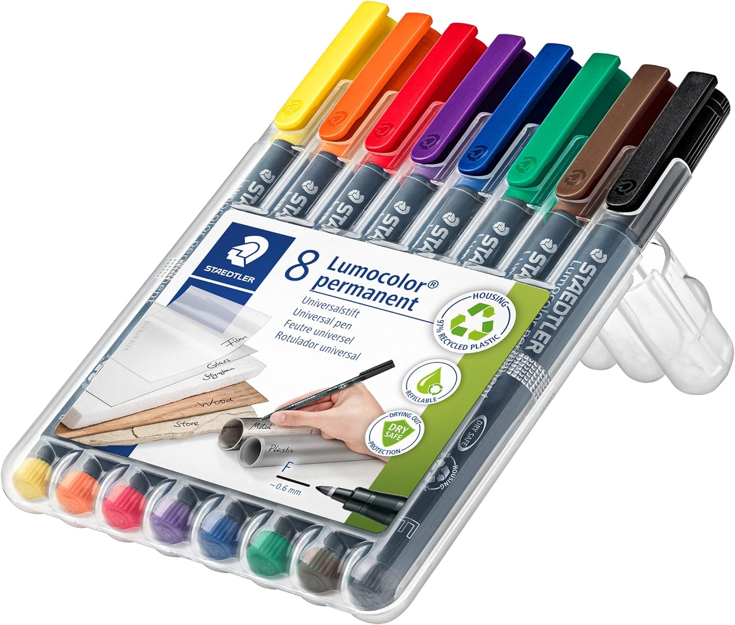 STAEDTLER 318 WP8 Lumocolor Permanent Pen, Fine Line Width, 0.6mm - Assorted Colours (Pack of 8