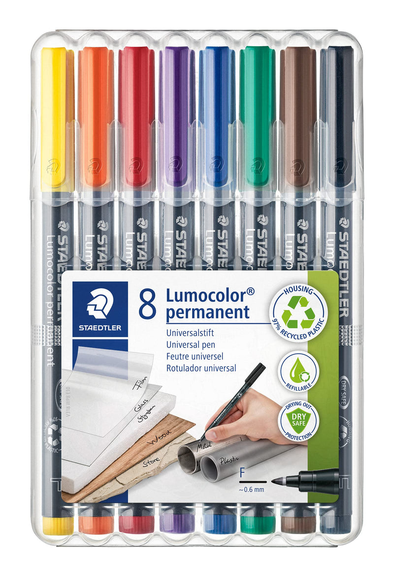 STAEDTLER 318 WP8 Lumocolor Permanent Pen, Fine Line Width, 0.6mm - Assorted Colours (Pack of 8