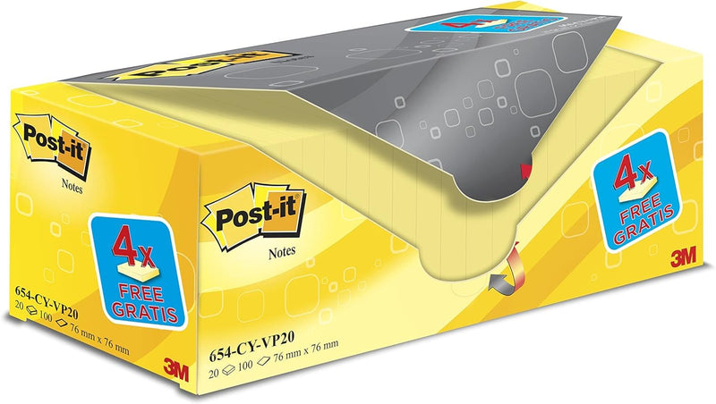 Post-it Notes Canary Yellow, Value Pack - 20 Pads, 100 Sheets per Pad, 76 mm x 76 mm, Yellow Color - Self-stick Notes For Note Taking, To Do Lists & Reminders, School and Office Supplies