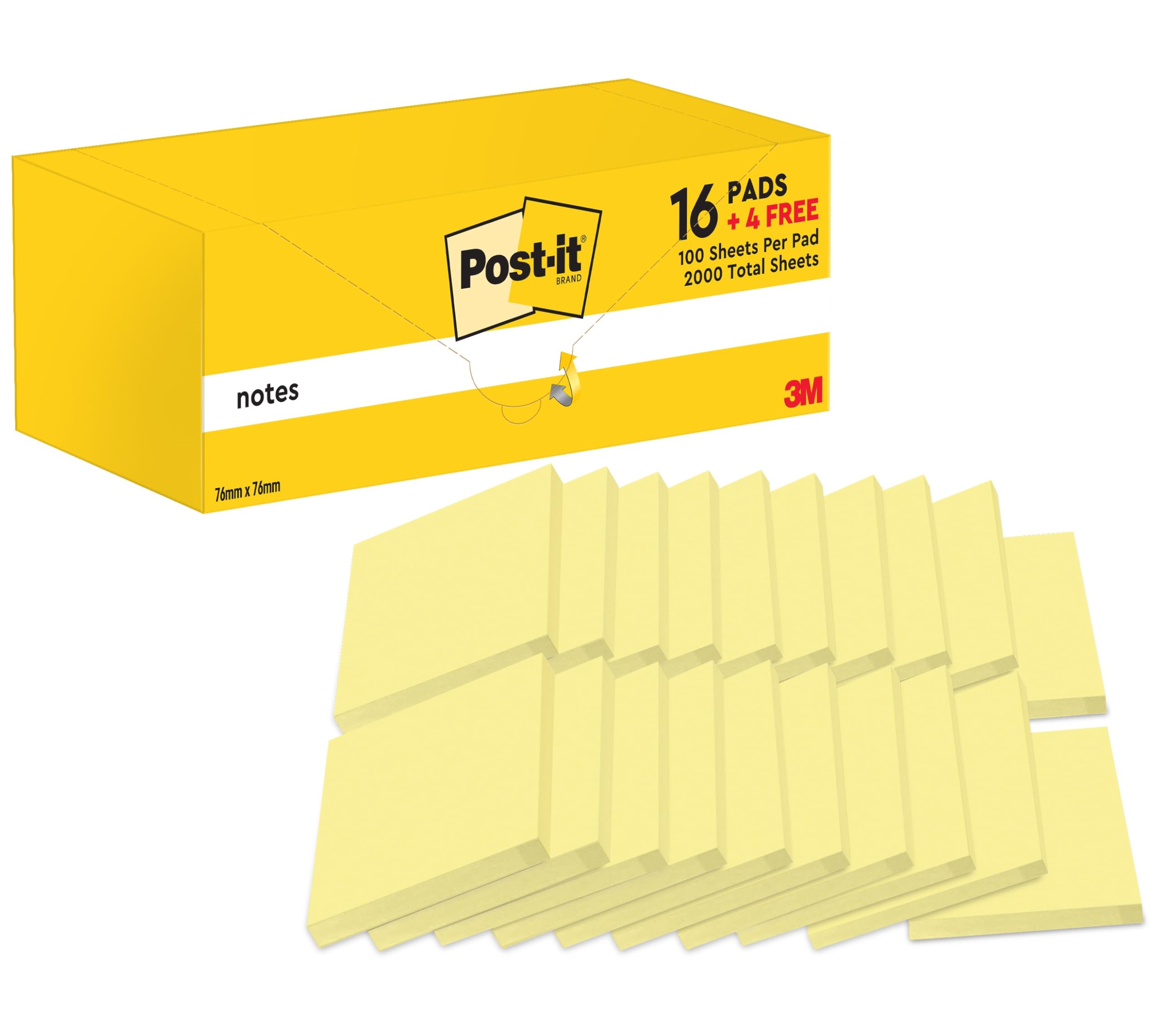 Post-it Notes Canary Yellow, Value Pack - 20 Pads, 100 Sheets per Pad, 76 mm x 76 mm, Yellow Color - Self-stick Notes For Note Taking, To Do Lists & Reminders, School and Office Supplies
