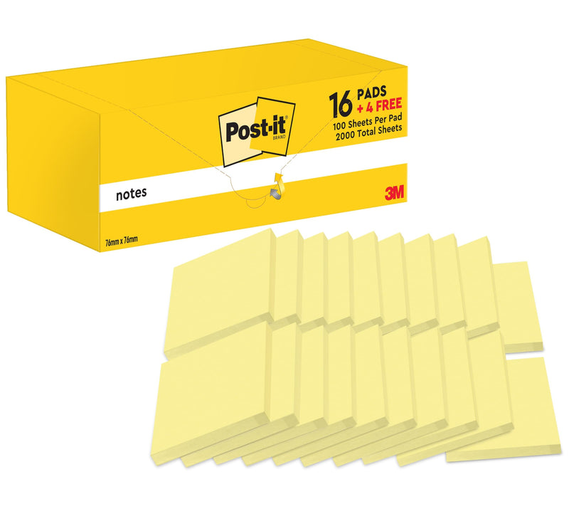 Post-it Notes Canary Yellow, Value Pack - 20 Pads, 100 Sheets per Pad, 76 mm x 76 mm, Yellow Color - Self-stick Notes For Note Taking, To Do Lists & Reminders, School and Office Supplies