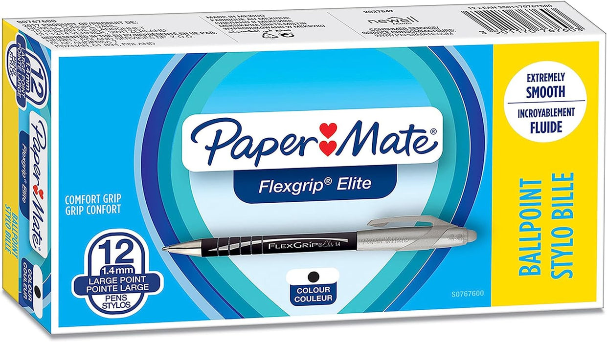Paper Mate Flexgrip Elite Ballpoint Pens | Large Point (1.4mm) | Black | Retractable | 12 Count black 12 count