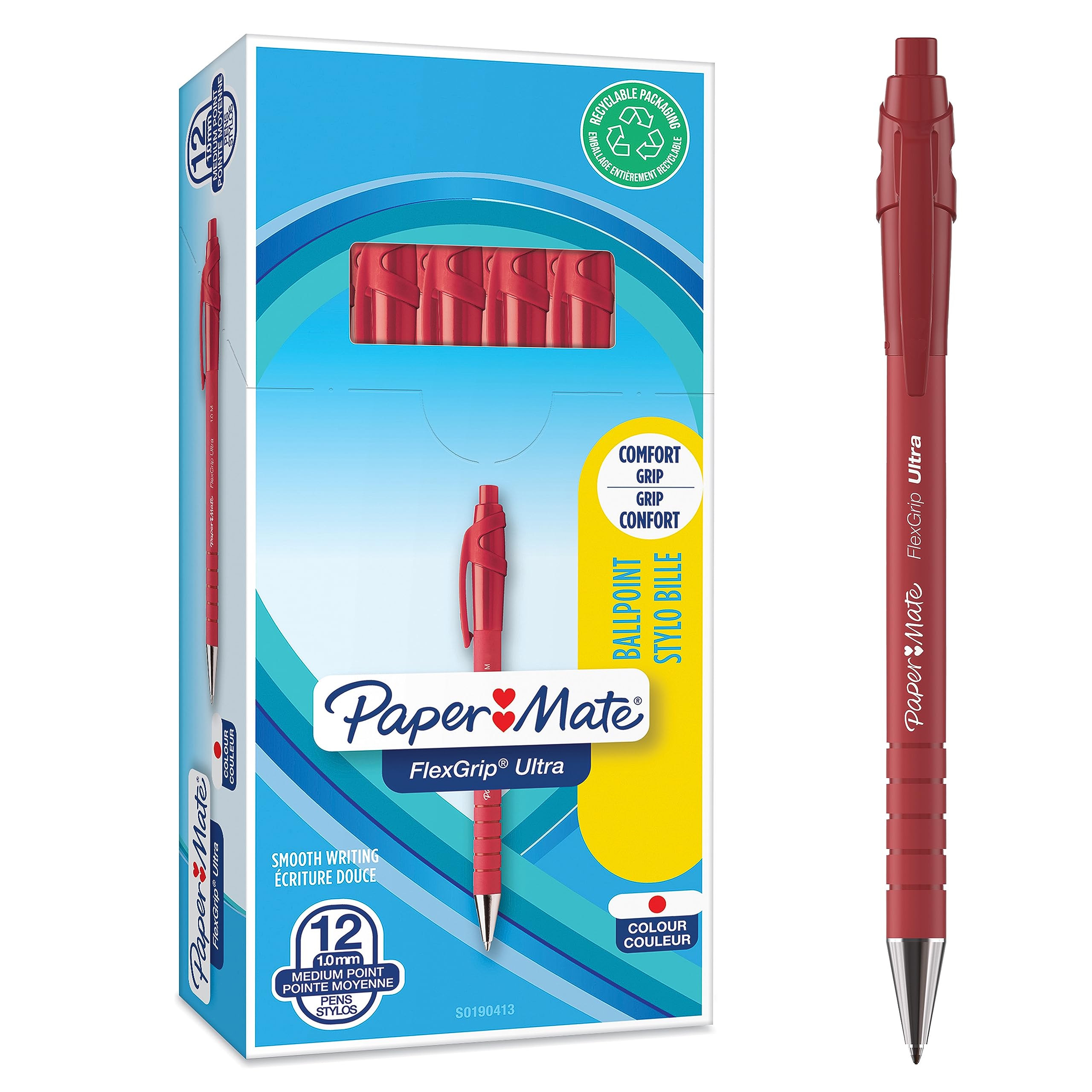 Paper Mate Flexgrip Ultra Retractable Ballpoint Pens, Medium Point (1.0mm), Red, 12 Count
