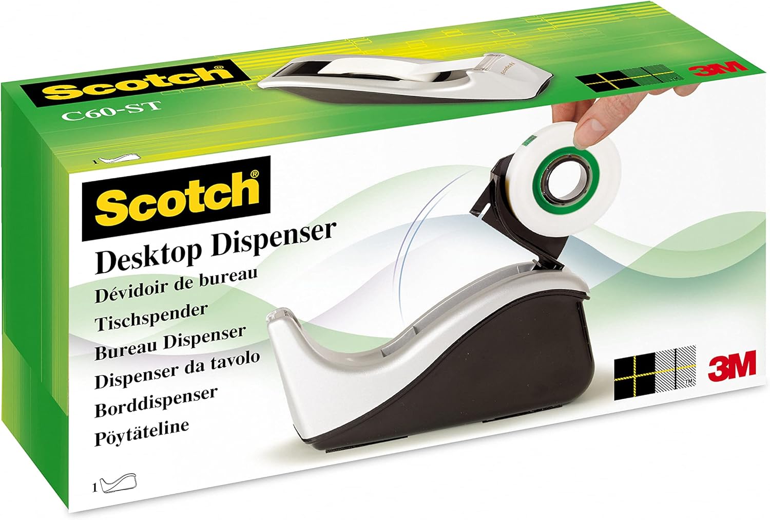 Scotch Tape Dispenser in Silver with 1 Roll of Scotch Magic Tape 19mm x 33m - Ideal For School, Home And Office