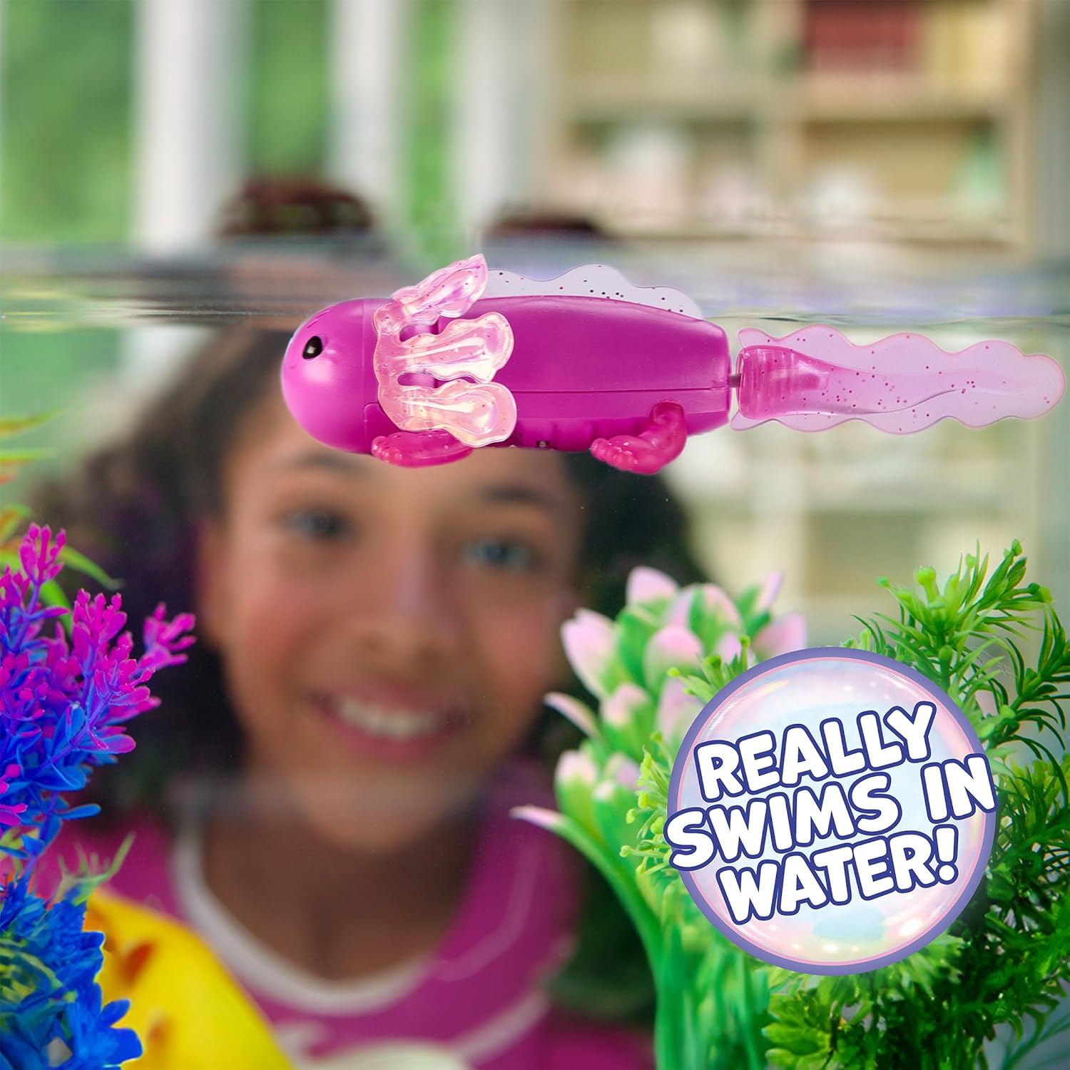 Fingerlings Interactive Baby Axolotl, Ziggy (Magenta), Swims & Lights Up