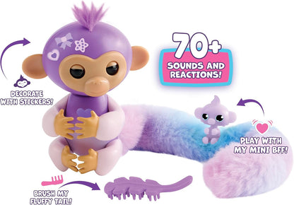 Fingerlings Snuggle Tails - Interactive Purple Monkey (Coco), with fluffy tail, mini bestie (Chloe), brush and stickers