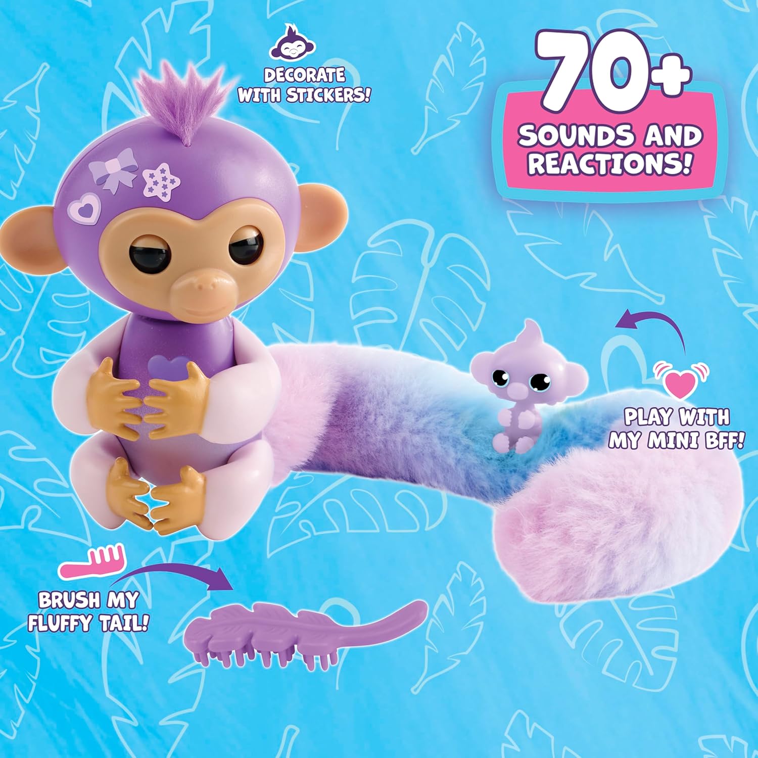 Fingerlings Snuggle Tails - Interactive Purple Monkey (Coco), with fluffy tail, mini bestie (Chloe), brush and stickers