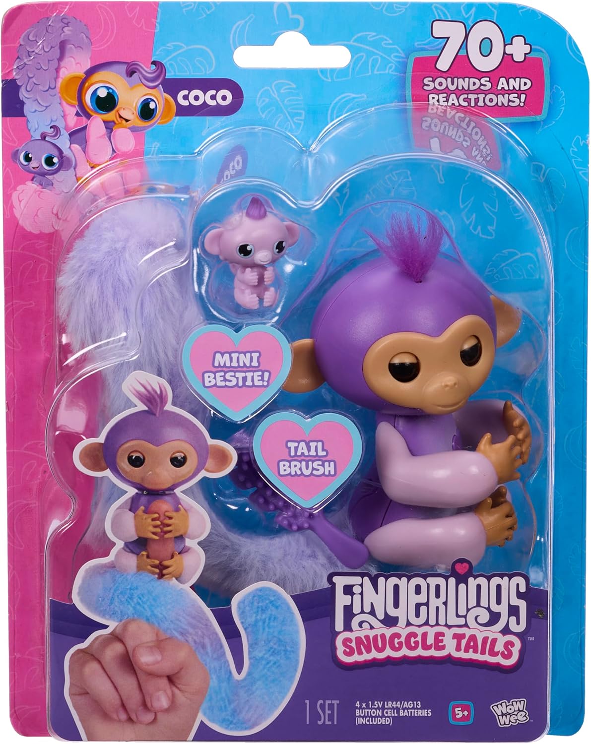 Fingerlings Snuggle Tails - Interactive Purple Monkey (Coco), with fluffy tail, mini bestie (Chloe), brush and stickers