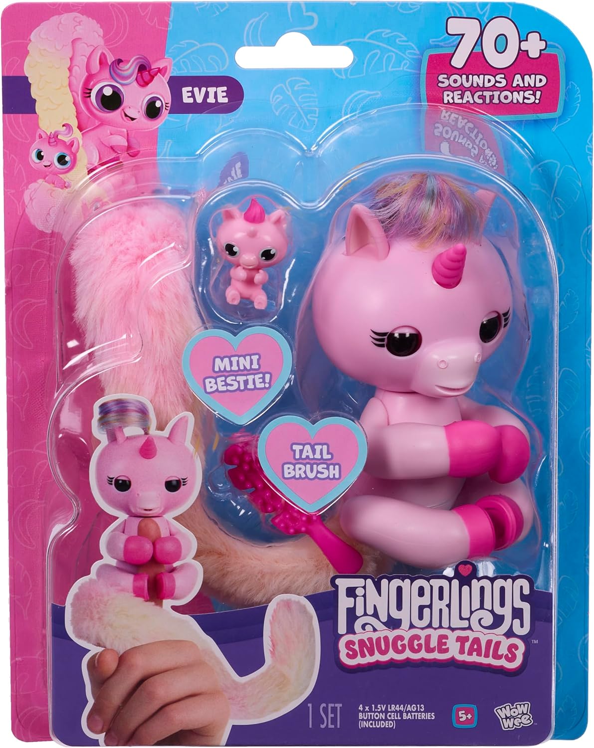 Fingerlings Snuggle Tails - Interactive Pink Unicorn (Evie), with fluffy tail, mini bestie (Isla), brush and stickers