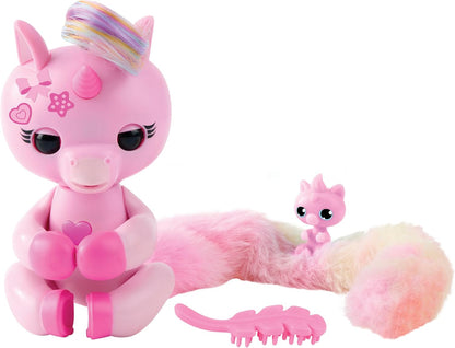 Fingerlings Snuggle Tails - Interactive Pink Unicorn (Evie), with fluffy tail, mini bestie (Isla), brush and stickers