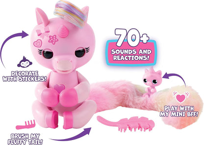 Fingerlings Snuggle Tails - Interactive Pink Unicorn (Evie), with fluffy tail, mini bestie (Isla), brush and stickers