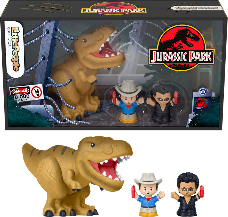 Little People Collector Jurassic Park Special Edition Set für Filmfans, 2 Figuren & 1 T-Rex Dinosaurier in einer Displayverpackung